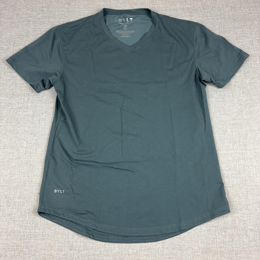 BYLT Shirt Mens L Green Drop Cut V Neck Tagless Stretch Tee Jersey Short Sleeve